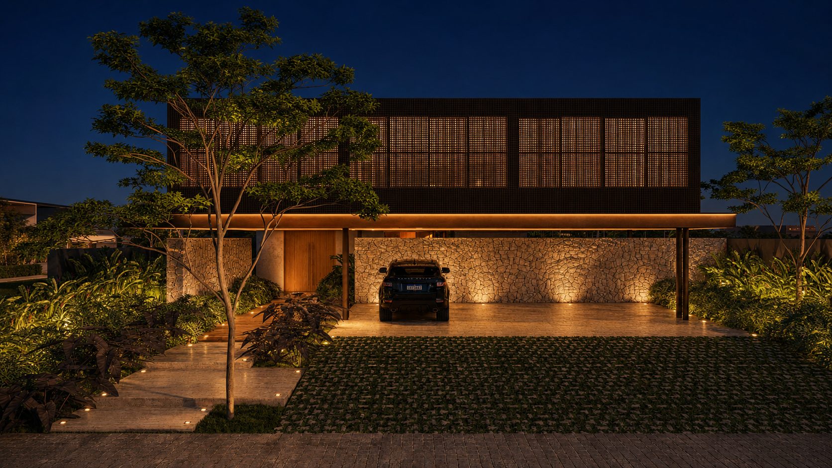 Casa Casulo, fachada iluminada ao entardecer